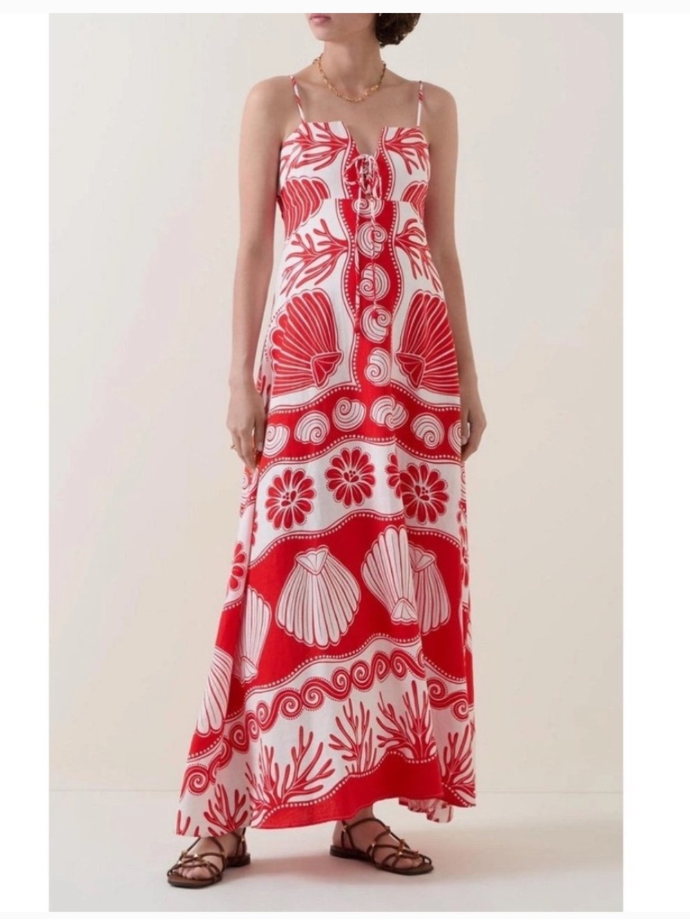 Red and White Shell-Print Maxi Dress - Sleeveless Spaghetti Strap - Picture 3 of 9